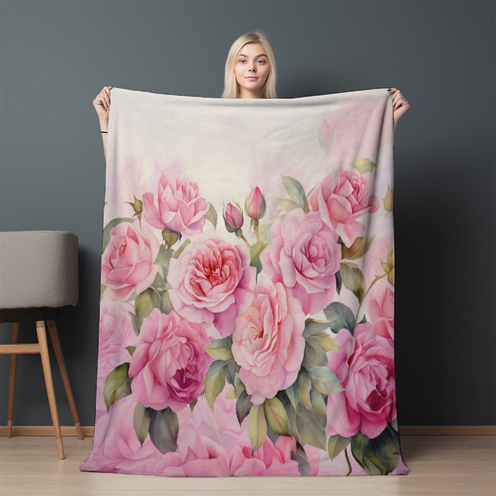 Elegance Roses Blooming Floral Design Printed Sherpa Fleece Blanket