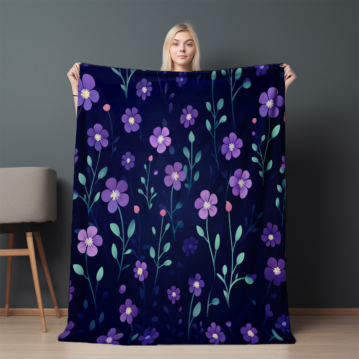 Violet Flowers Navy Background Floral Design Printed Sherpa Fleece Blanket