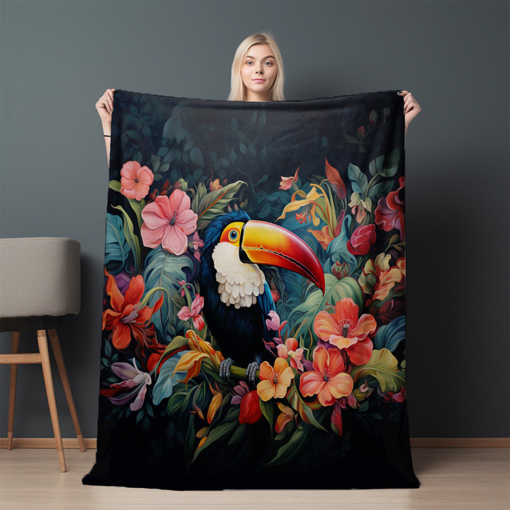 Toucan And Tropical Floral Animal Design Printed Sherpa Fleece Blanket