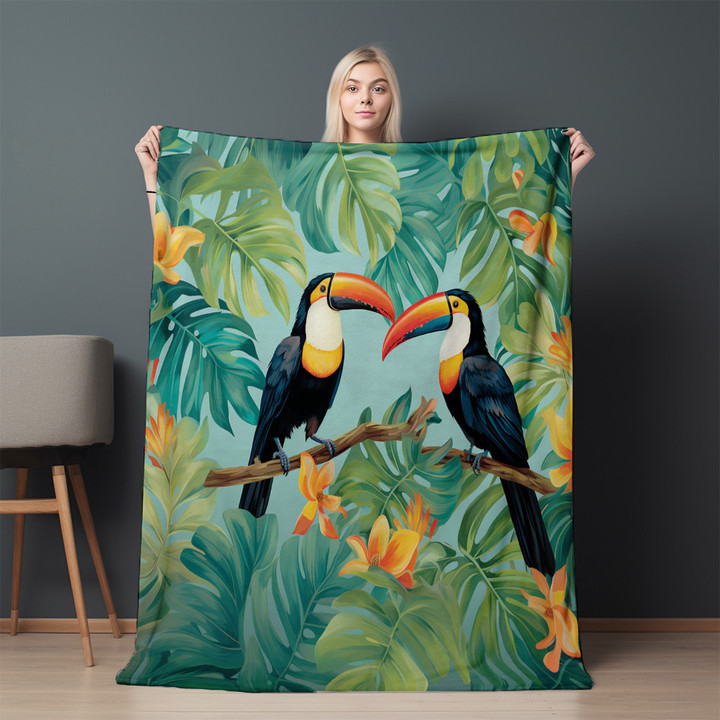 Tropical Toucan Paradise Animal Floral Design Printed Sherpa Fleece Blanket