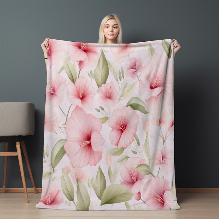 Pink Hibiscus Flowers Floral Design Printed Sherpa Fleece Blanket