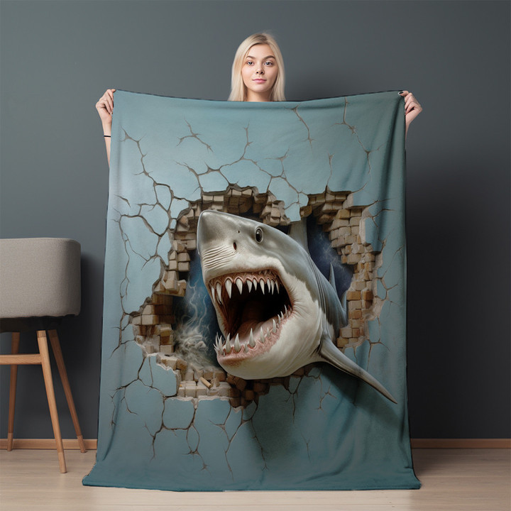 Menacing Shark Through Cracking Wall Animal Design Printed Sherpa Fleece Blanket