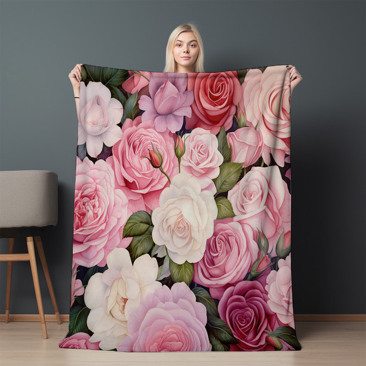 Watercolor Roses Blooming Floral Design Printed Sherpa Fleece Blanket