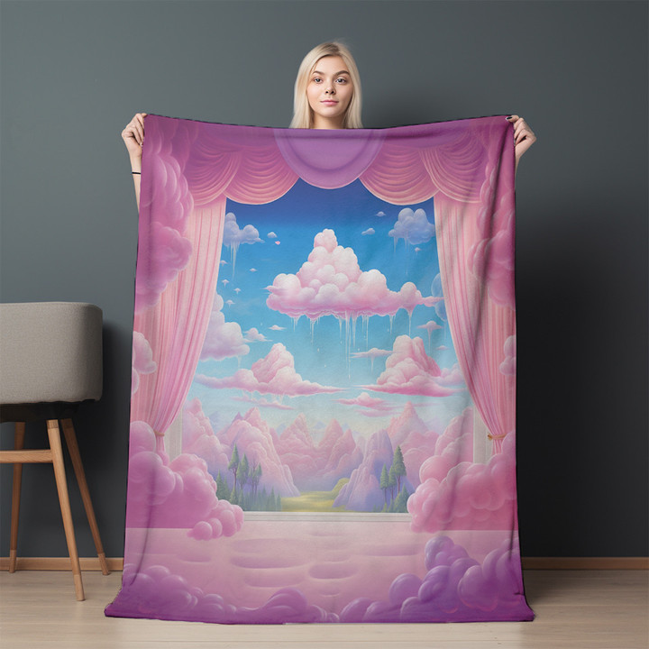 Window Overlooking Floating Candy Clouds Landscape Design Printed Sherpa Fleece Blanket