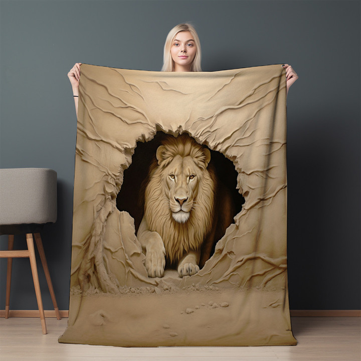 Regal Lion Through Hole Animal Design Printed Sherpa Fleece Blanket