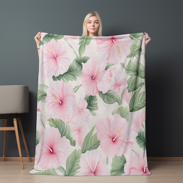 Pastel Pink Hibiscus Flowers Floral Design Printed Sherpa Fleece Blanket