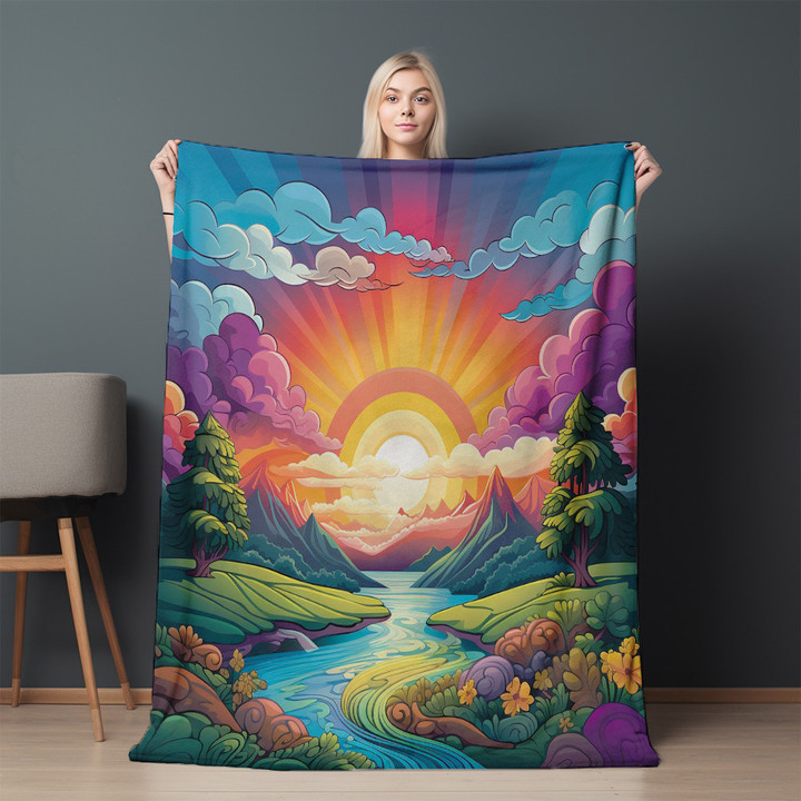 Landscape Of River By Forest Colorful Rainbow Printed Printed Sherpa Fleece Blanket
