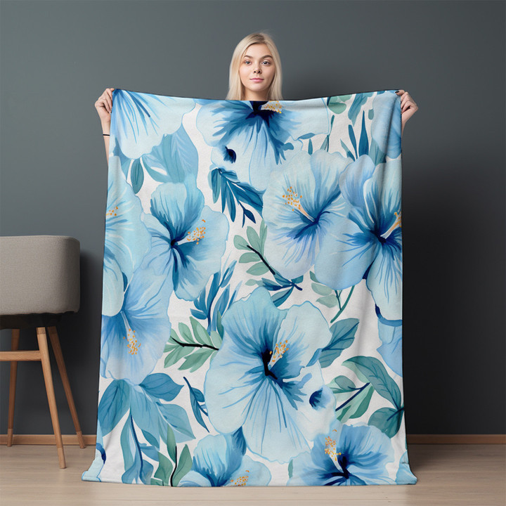 Ocean Blue Hibiscus Flowers Floral Design Printed Sherpa Fleece Blanket