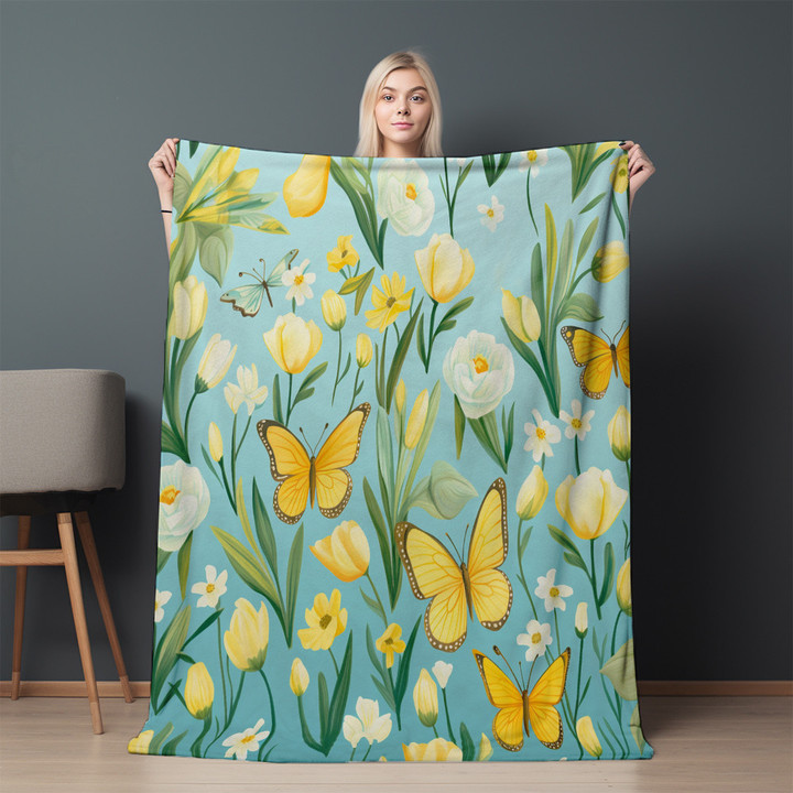 Joyful Daffodil And Butterfly Animal Floral Design Printed Sherpa Fleece Blanket