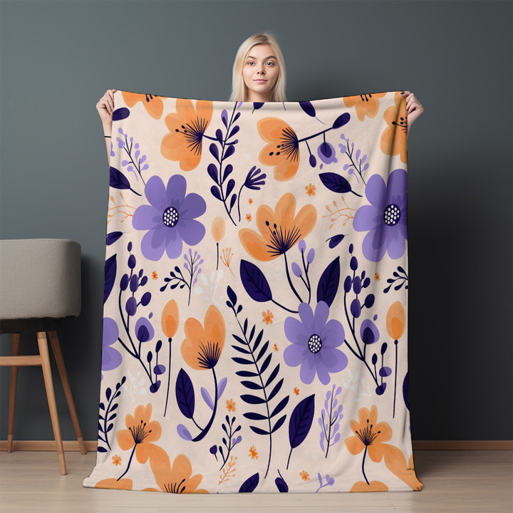 Orange And Purple Flowers Floral Design Printed Sherpa Fleece Blanket