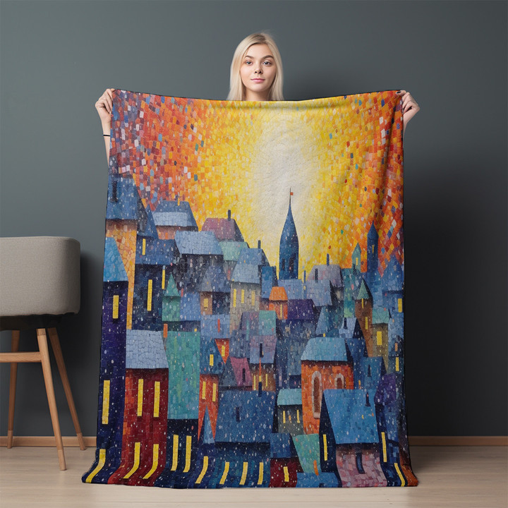 Happy Place Printed Sherpa Fleece Blanket Cityscape Pointillism Design