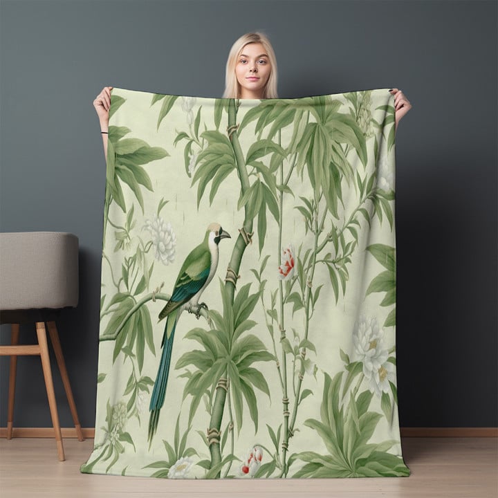 Green Bird And Tree Printed Sherpa Fleece Blanket Avignon Floral Design