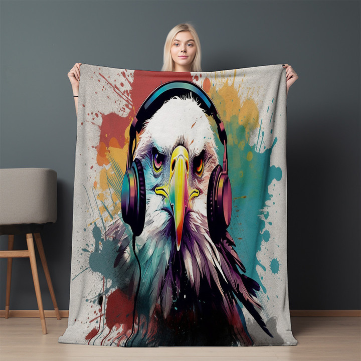 Graffiti Eagle With Headphone Printed Sherpa Fleece Blanket Street Art Design