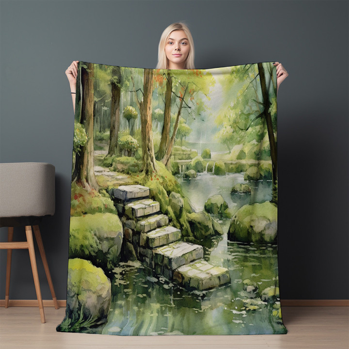 Japanese Garden With A Pathway Printed Sherpa Fleece Blanket Ink Painting Landscape Design