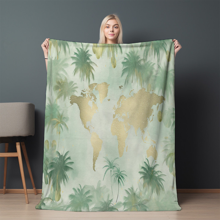 IA World Map With Palm Trees Pattern Printed Sherpa Fleece Blanket Tropical Design