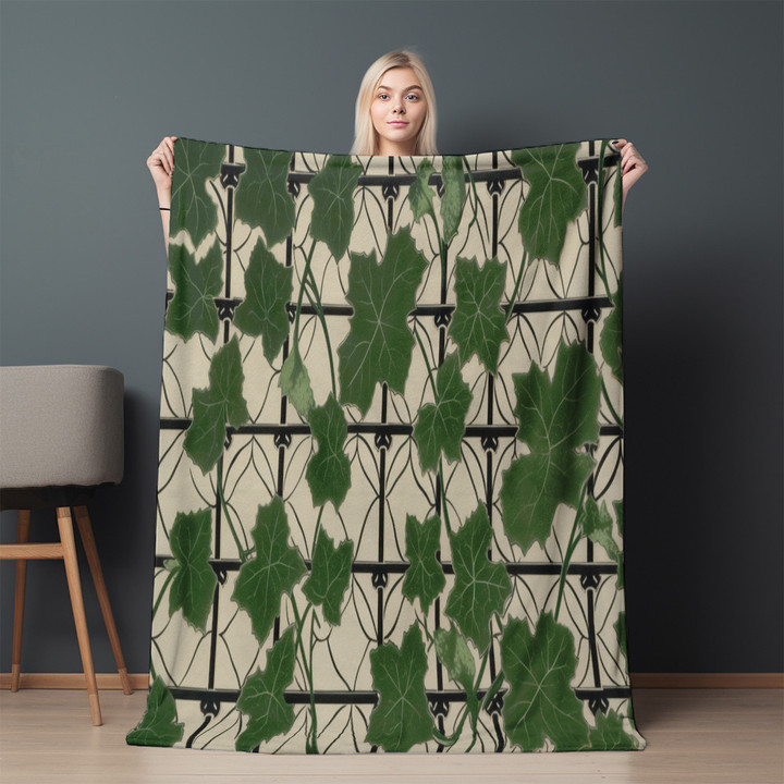 Ivy Leaves Printed Sherpa Fleece Blanket In The Style Of Grid Work
