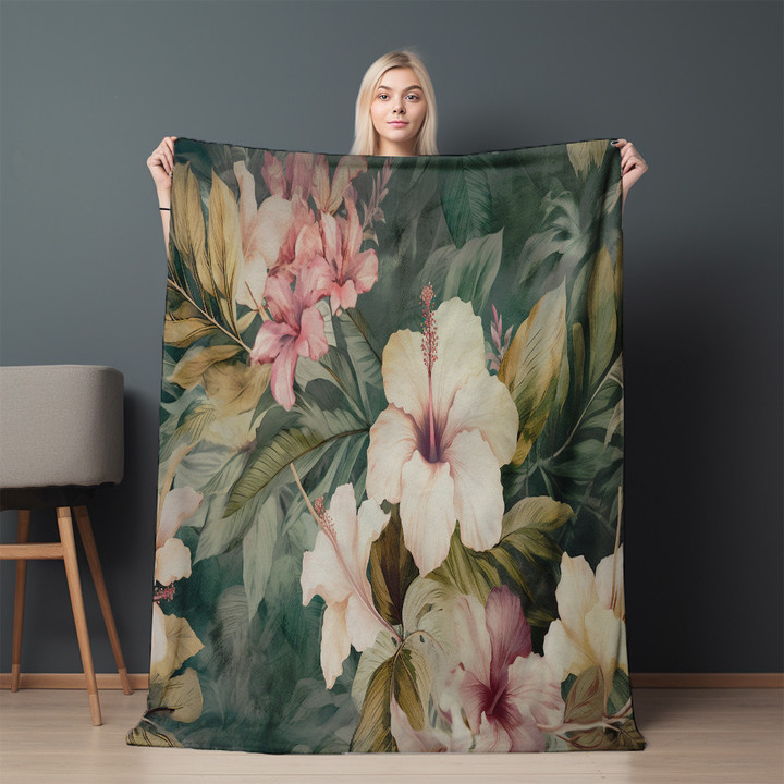Hawaiian Flower Gold And Emerald Printed Sherpa Fleece Blanket Tropical Design