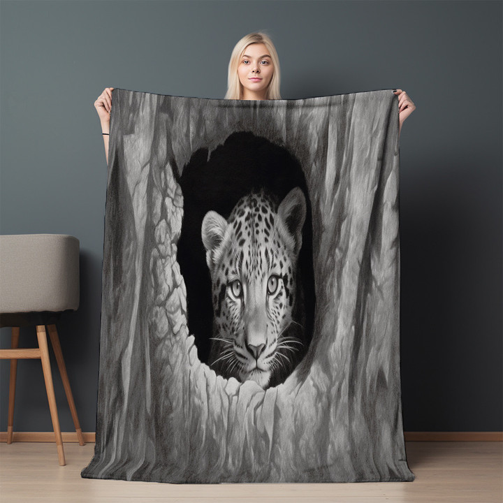 Jaguar Through Tree Hole Printed Sherpa Fleece Blanket Animal Design