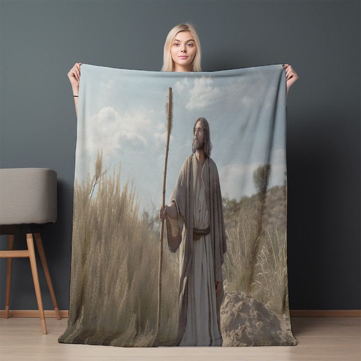 Jesus Holding Stick Printed Sherpa Fleece Blanket