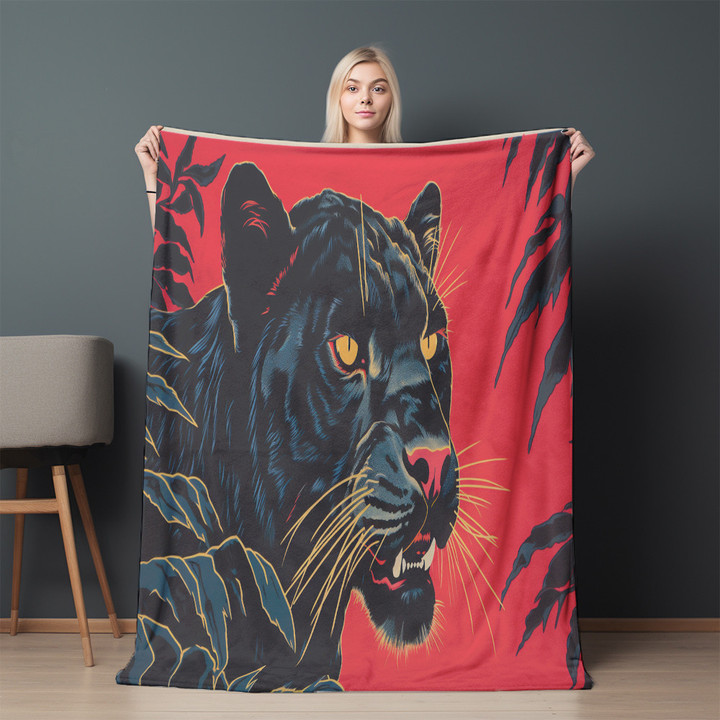 Lightning Panther Risograph Printed Sherpa Fleece Blanket Animal Design