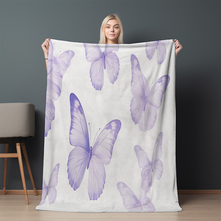 Light Violet Butterflies On White Background Printed Sherpa Fleece Blanket