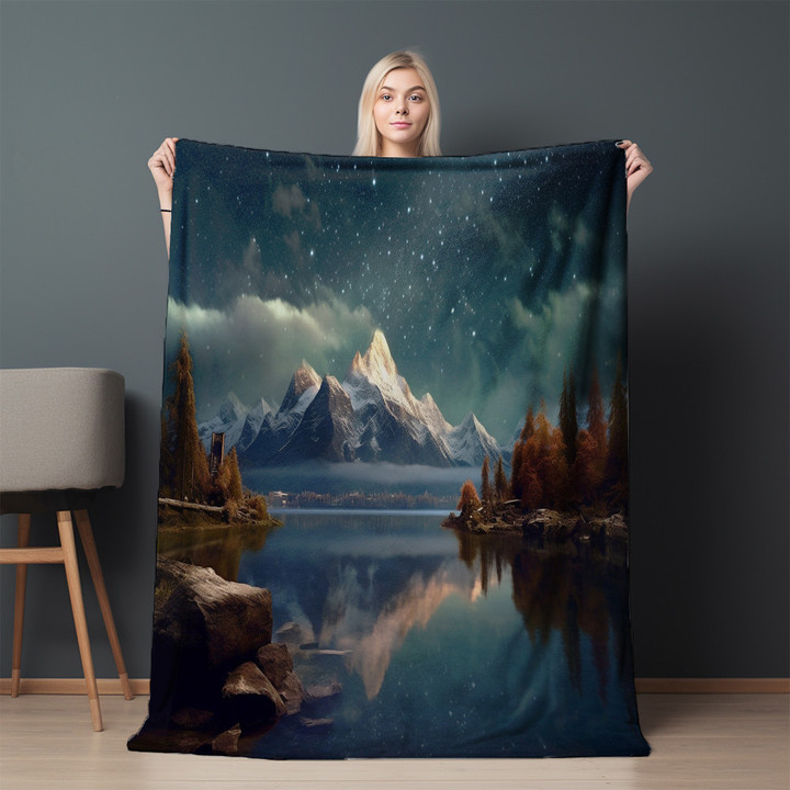 Mountains Under Night Sky Printed Sherpa Fleece Blanket Realistic Landscape Design