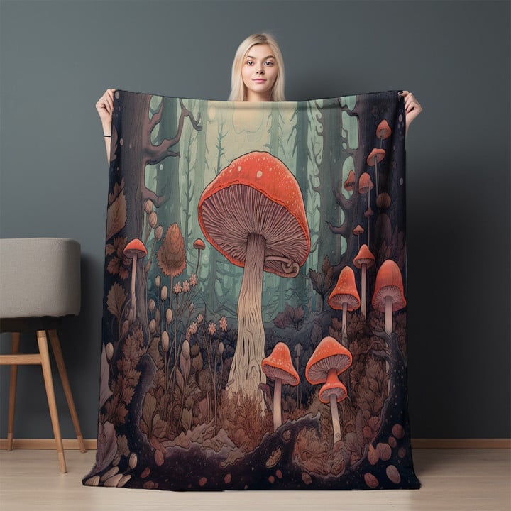 Mushrooms In A Mystical Forest Printed Sherpa Fleece Blanket Botanical Design