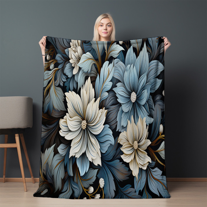Monochromatic Paisley Flowers Printed Sherpa Fleece Blanket Floral Design