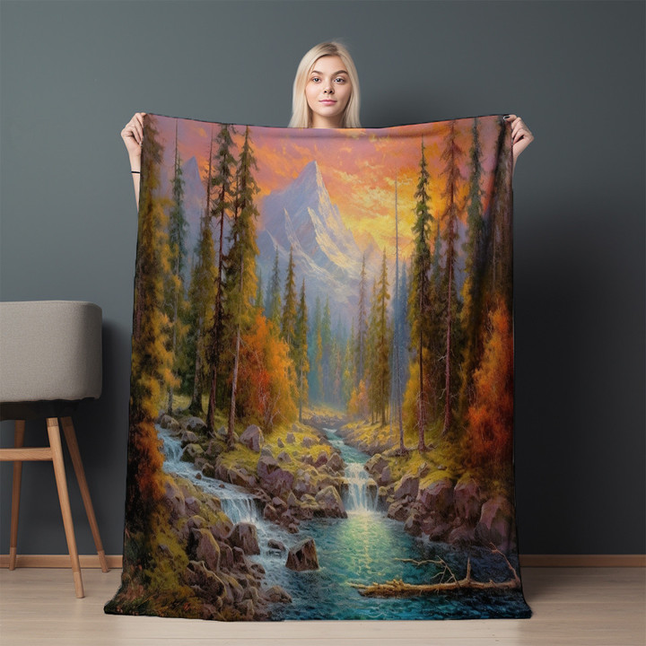 Mountains And Forest Oil Painting Printed Sherpa Fleece Blanket Landscape Design