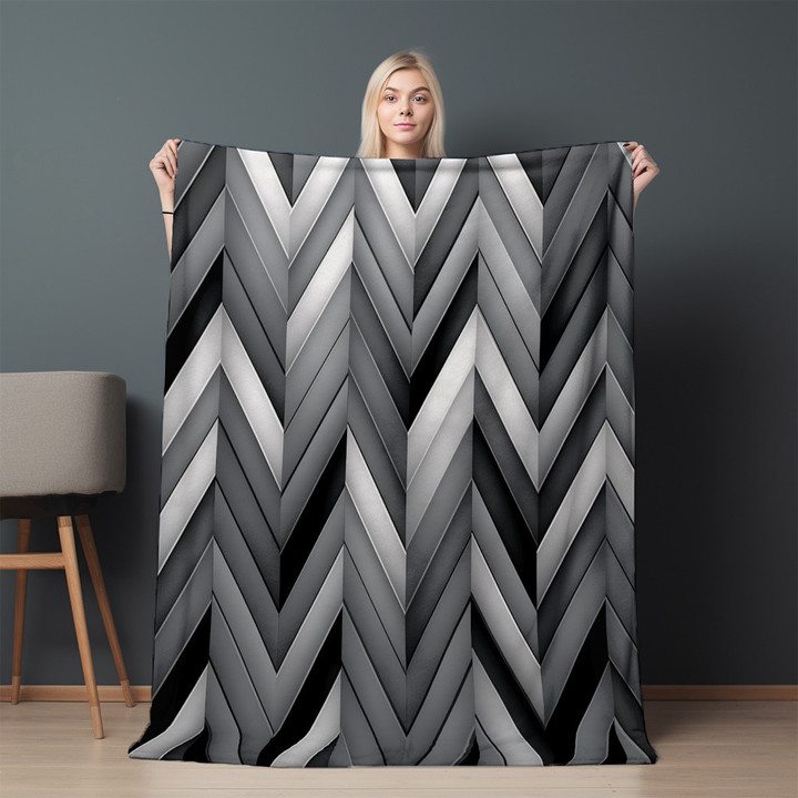 Monochromatic Chevrons Patterns Printed Sherpa Fleece Blanket Geometric Design