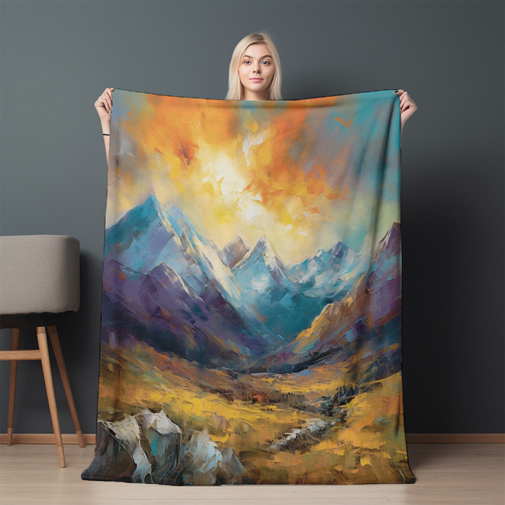 Mountain Touch Vibrant Sky Printed Sherpa Fleece Blanket Painting Landscape Design