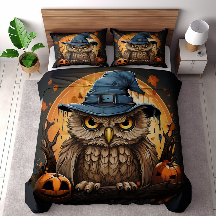 Angry Owl Wearing Witch Hat Printed Bedding Set Bedroom Decor Halloween Day