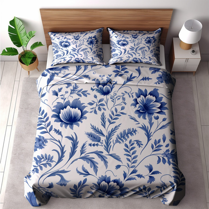 Blue Botanical Damask Seamless Pattern Design Printed Bedding Set Bedroom Decor