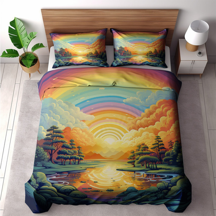 Colorful Rainbow Over River And  Forest Printed Bedding Set Bedroom Decor
