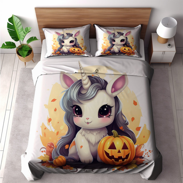 Cartoon Unicorn And Pumpkin Printed Bedding Set Bedroom Decor Halloween Design