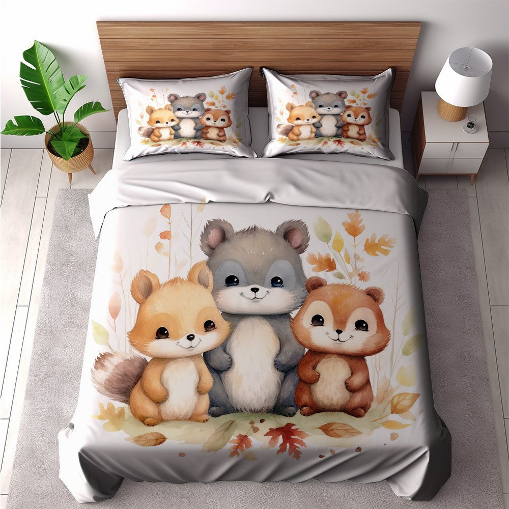Cute Baby Animals On White Background Printed Bedding Set Bedroom Decor