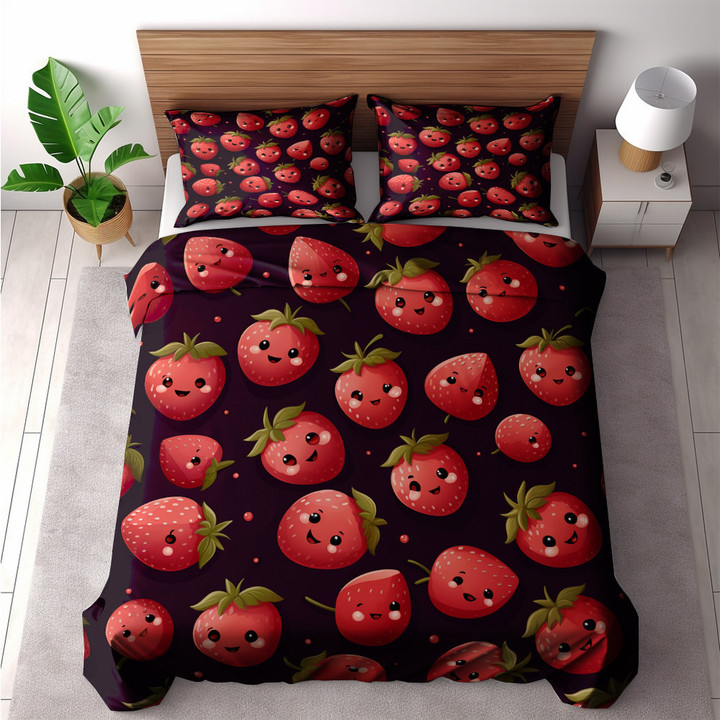 Chubby Chibi Strawberry Fruit Pattern Design Printed Bedding Set Bedroom Decor