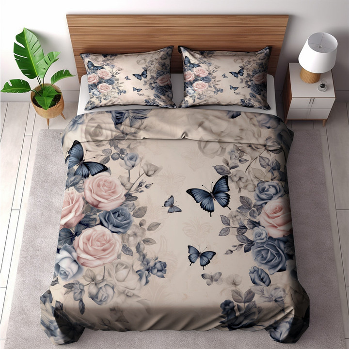 Elegant Rose Butterfly Vintage Floral Design Printed Bedding Set Bedroom Decor