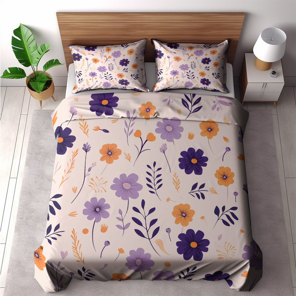 Flowers On Beige Floral Design Printed Bedding Set Bedroom Decor