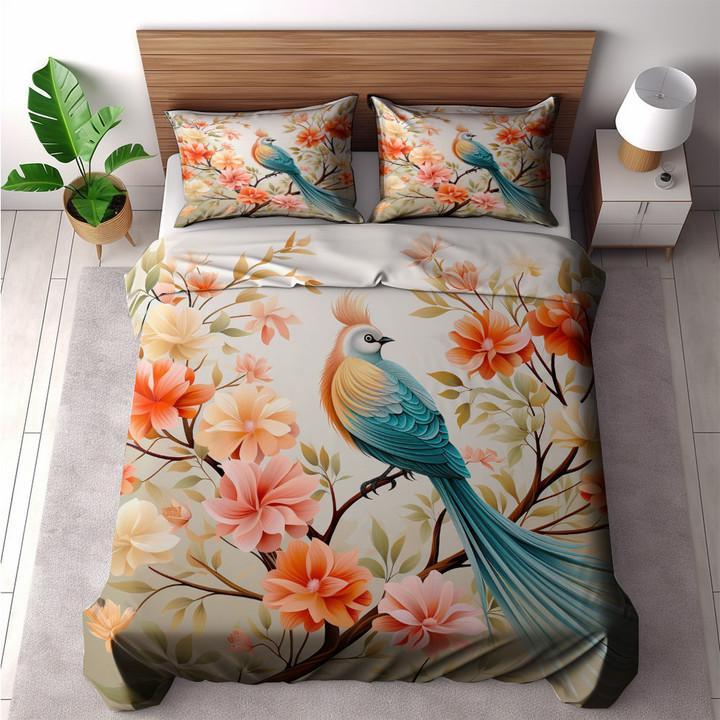 Colorful Bird Perched On Tree Branch With Flowers Printed Bedding Set Bedroom Decor