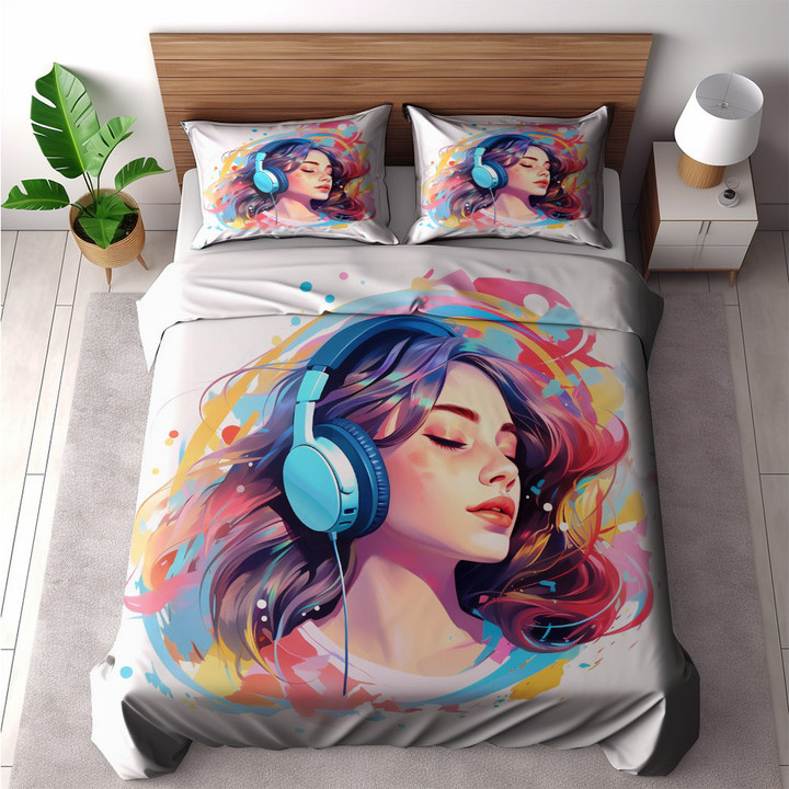 Colorful Painting Girl Listening Printed Bedding Set Bedroom Decor
