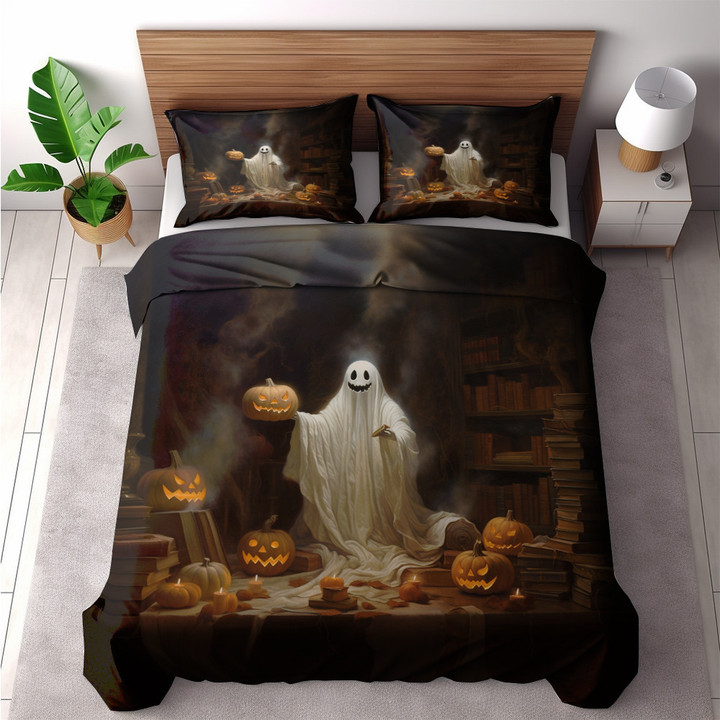 Ghost In Gothic Library Halloween Design Printed Bedding Set Bedroom Decor