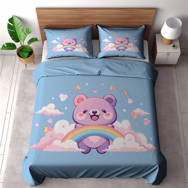 Purple Bear And Rainbow Animal Design Printed Bedding Set Bedroom Decor For Kids