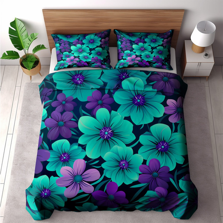 Turquoise And Plum Flowers Floral Design Printed Bedding Set Bedroom Decor