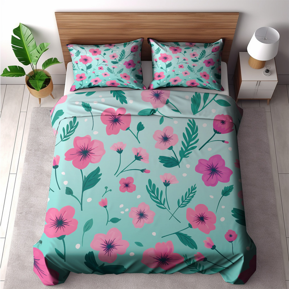 Magenta Floral Teal Background Floral Design Printed Bedding Set Bedroom Decor