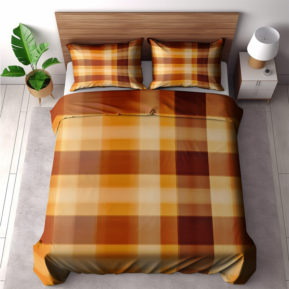 Pumpkin Orange Plaid Seamless Pattern Design Printed Bedding Set Bedroom Decor