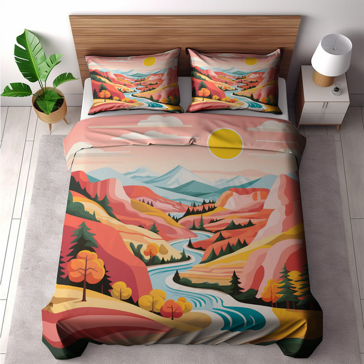 Landscape Of Quiet River Surrounded By Mountains Printed Bedding Set Bedroom Decor