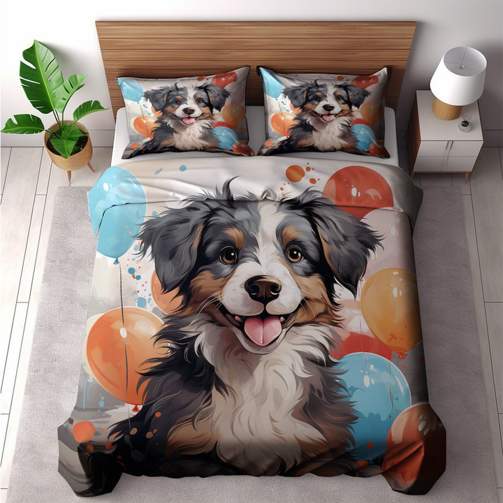 Portrait Of Cute Dog And Balloons Textures Printed Bedding Set Bedroom Decor