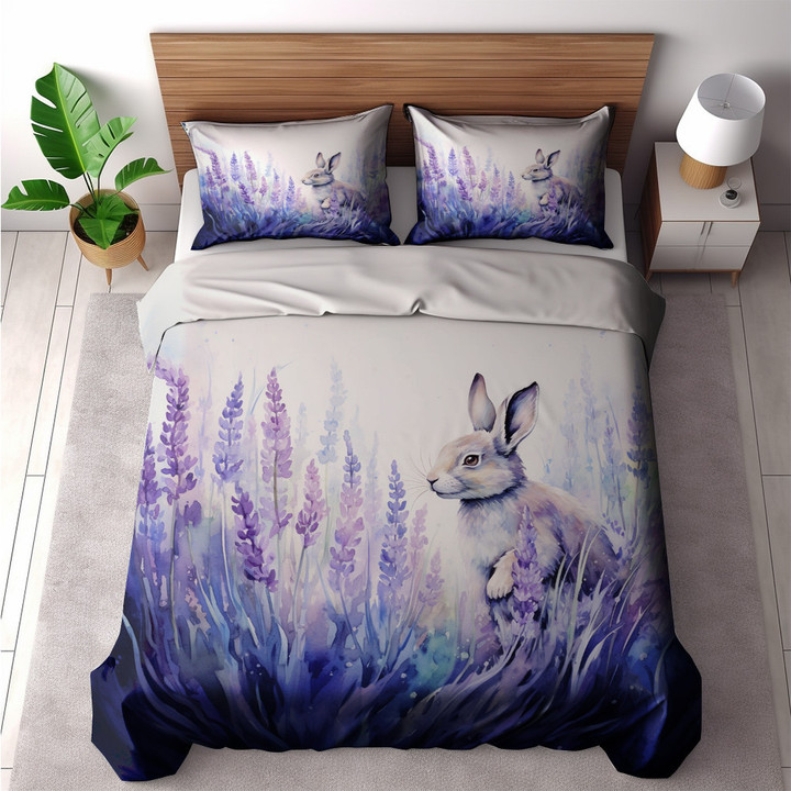 Rabbit Lavender Flowers Animal Design Printed Bedding Set Bedroom Decor