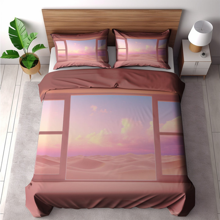 Realistic Window Overlooking Desert Sunset Landscape Design Printed Bedding Set Bedroom Decor
